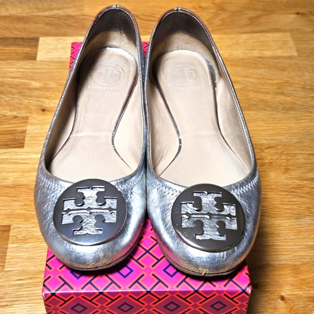 Tory Burch Reva Paladium/Nickel Commuter Ballet Flats Comfy Trendy Size 8.5